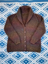 Handmade Brown & Multi Tonal Chunky Knit Cardigan Size M Wool Shawl Neck