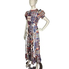 VTG 70s Boho Western Plaid Patchwork Ruffle Tiered Puff Sleeve Maxi Plaid Dress
