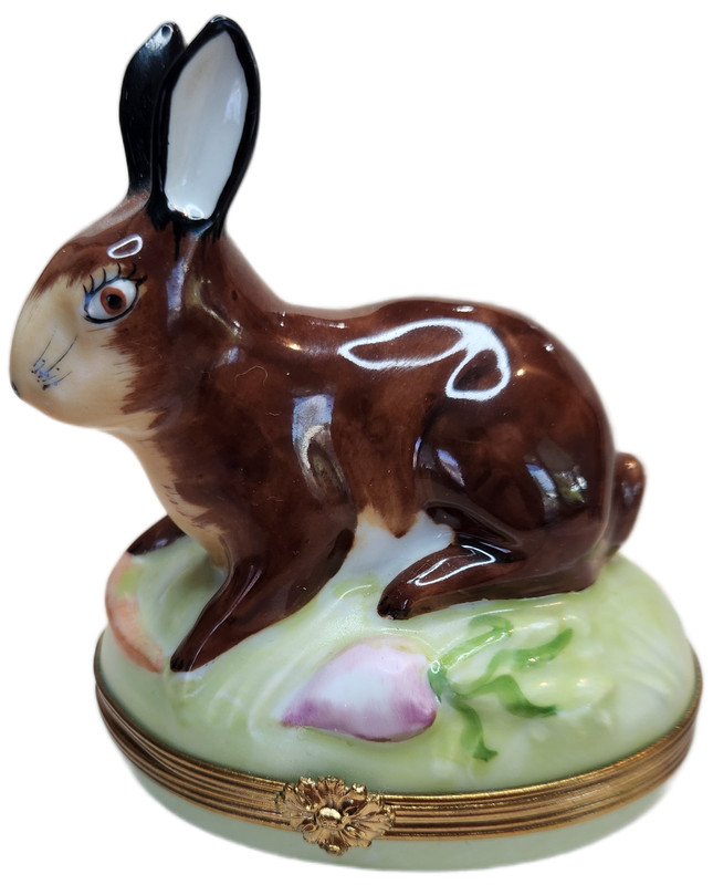 Rochard Rabbit on Grass with Turnip and Carrots Limoge Peint Main Trinket Box