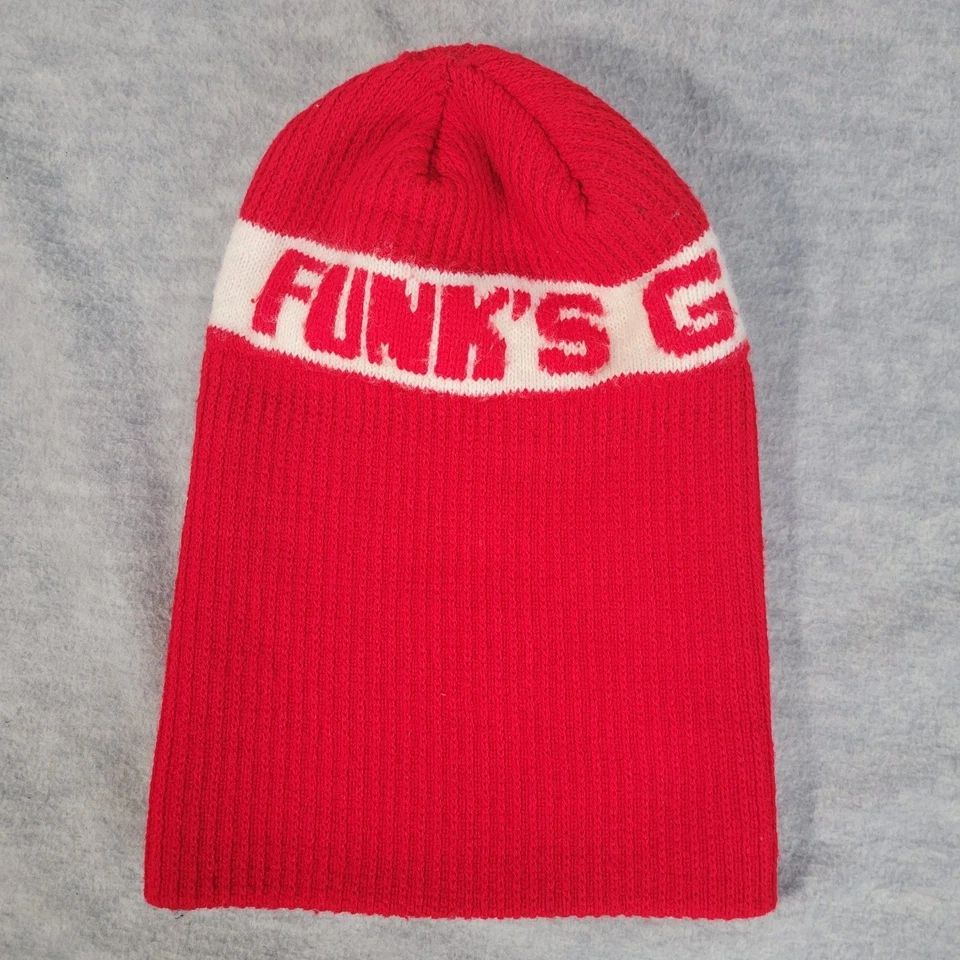 Boné de inverno vintage década de 1970 funk's G malha de esqui gorro vermelho/branco adulto - Imagem 2 de 4