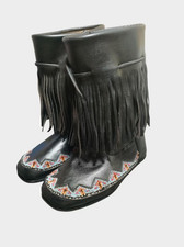 Handmade Black Leather Beaded Fringe Moccasin Boots For Unisex