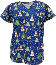 V-Neck Stretch Microfiber Christmas Scrub Top, Bear Hugs Christmas Present, L