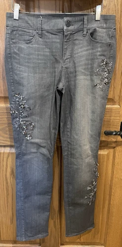 White House Black Market Grey Jeans Embroidered Sparkle Size 6 The Slim