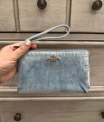 Coach Large Corner Zip Wristlet In Loved Denim Gold/Light Indigo