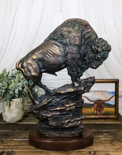 Large 20"H North American Grassland Plains Bison Buffalo On Rocky Slope Statue