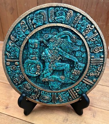 Vintage Mayan Aztec Calendar Epoxy & Crushed Green Stone Hanging Wall Plaque