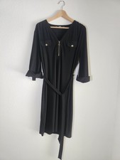 NWT Emma & Michele Black Belted Quarter Zip Utility Dress Tie Waist Gold Accents