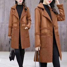 Women's Faux Leather Fleece Jacket Warm Winter Coat Mid Length Thick Outerwear