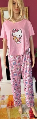 Hello Kitty Damen Pyjama Set L Rosa Kurzarm Shirt & Hose Süß Neu Sommer Freizeit