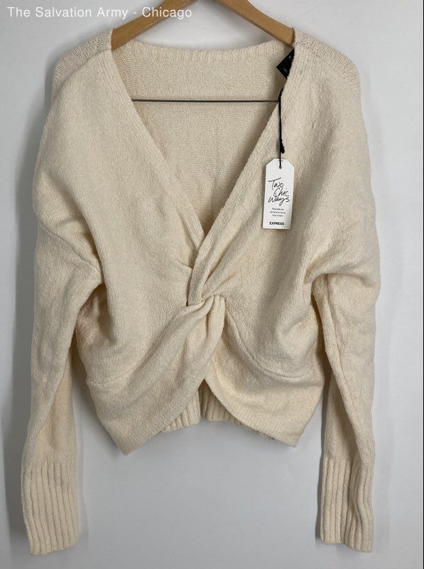 Express Womens Cream Long Sleeve Reversible Knitted Pullover Sweater Size Small