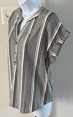 NWT Natural Known Supply Skyler Stone/Black Stripe 1/2 Button Front Top Ladies M