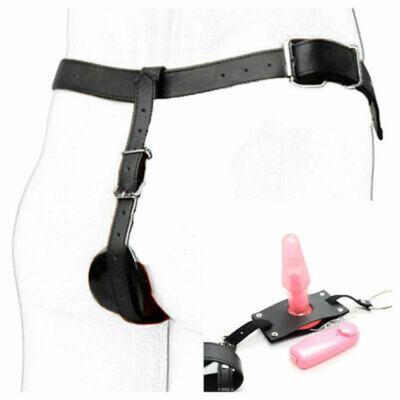 PU Leather Harness Male Chastity Belt device with Vibratings Plug Thong Panties