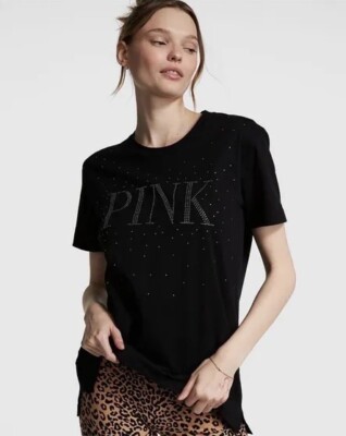Victoria's Secret PINK Shine Campus Short Sleeve Tee Black Logo