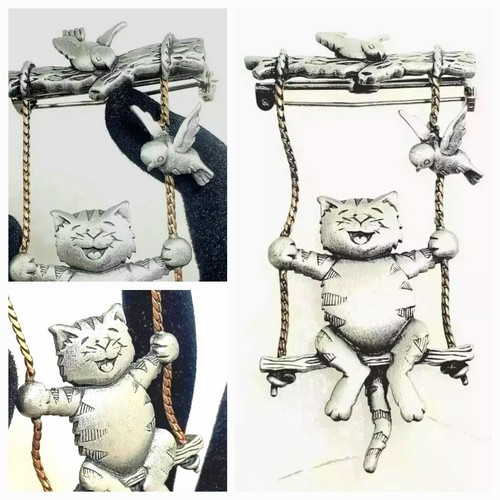 VINTAGE Kitty Cat Swinging & Birds Articulated PIN BROOCH EUC Signed JJ Jonette - Picture 1 of 13