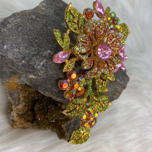 Rhinestone Pink AB Green Gold Tone Large Flower Brooch 3.25" X 2" - Picture 4 of 9