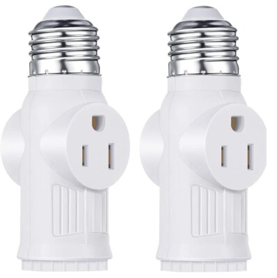 2Pcs E26/E27 Light Socket to Plug Adapter 2/3 Prong Light Bulb Outlet Adapter US