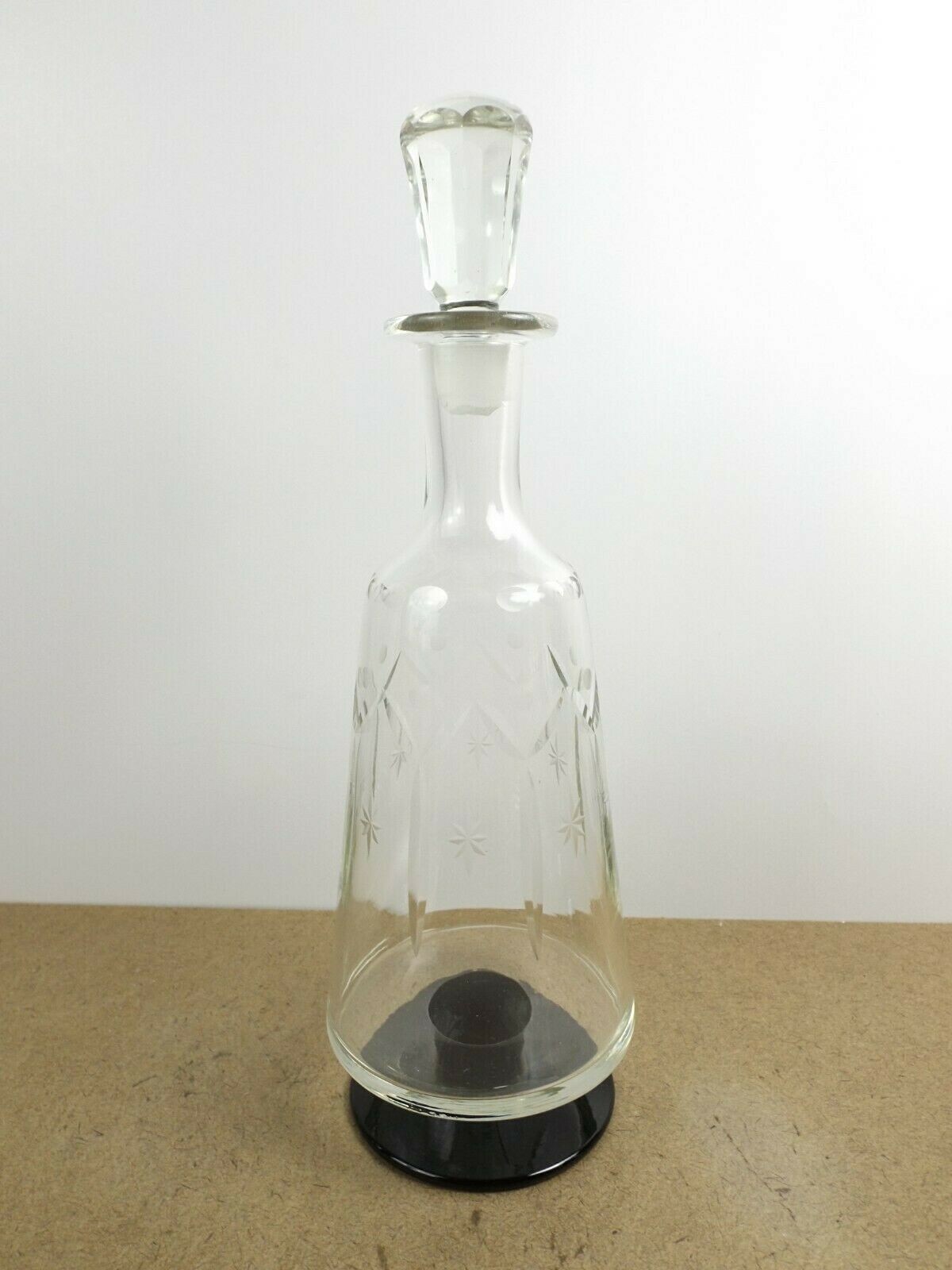 Art Deco Cut Crystal Glass Decanter Black Foot Cut Stars Dots  