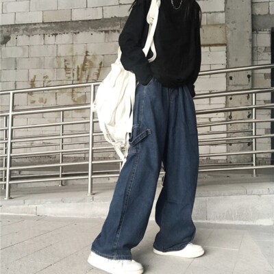 Womens Ladies Jeans Trousers Straight Wide Leg Loose High Waist Casual