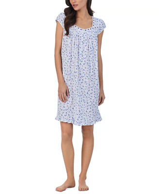 New $64 Eileen West Blue/Pink 100% COTTON KNIT Cap Sleeves Short Nightgown Sz XL