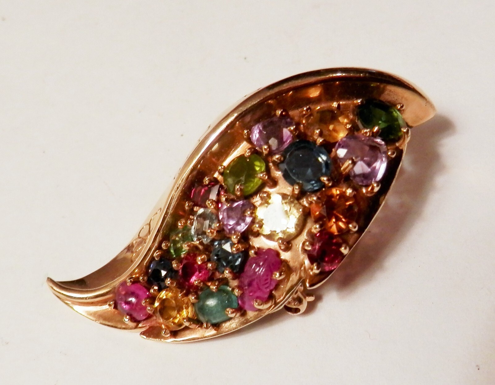 Solid 14K Yellow Gold Multi Gemstone Leaf Shape L… - image 4