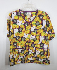 UA Scrubs V Neck Top Large Halloween Pockets Ghosts Pumpkins and Cats