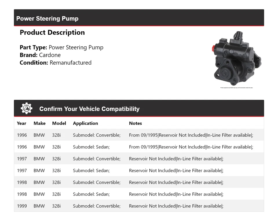 Bomba de direção hidráulica Cardone 1997 1998 para 1996-1999 BMW 328i - Imagem 2 de 4