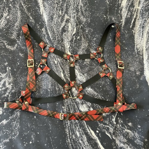 Red Plaid Tartan Punk Gothic Bra Strappy Harness Daisy Corsets Dolls Kill - Picture 2 of 4