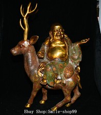 Pure Bronze Cloisonne Enamel Gilt Sika Deer Happy Laugh Maitreya Buddha Statue