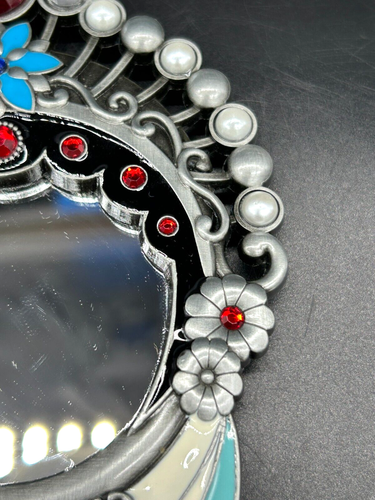 Japanese Geisha Girl Enameled Gem Self Standing Vanity Desk Hand Held Mirror - Picture 7 of 13