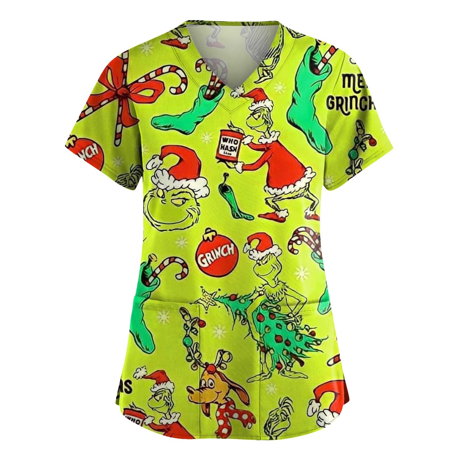 Christmas Women Grinch Nursing Uniform Scrub Short Sleeve Top With