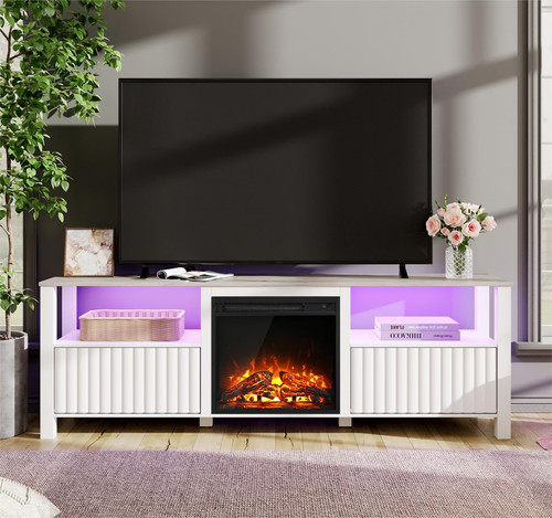 70 Inch Fireplace TV Stand with 18 Inch Electric Fireplace & 16 Color LED Lig...