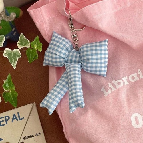 Cotton Filled Bow Bag Pendant Grid Y2k Bag Hanging 3D Bowknot Keychain Daily - Picture 13 of 16