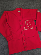 Vintage 50s-60s Sand Knit Varsity Cardigan Letterman Sweater Red SZ40 Chenille A