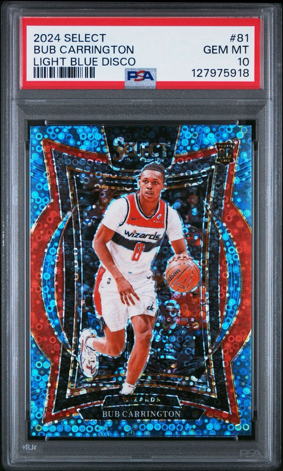2024 Select Bub Carrington Rookie Concourse Light Blue Disco Prizm /99 PSA 10