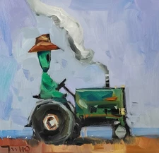 Farm Core Decor Alien Tractor  Art PRINT By Artist Jose Trujillo Canvas 16x16