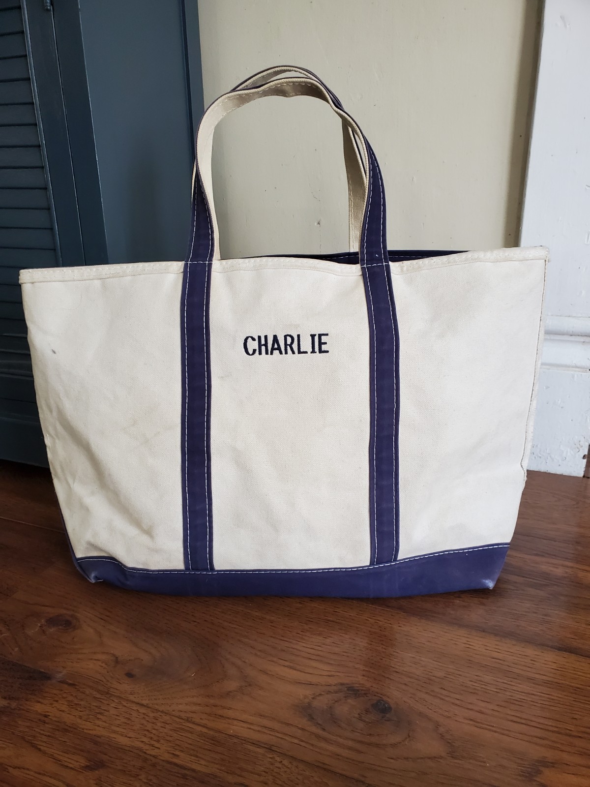 Vtg LL Bean Boat & Tote Bag Large USA Made Canvas Short Straps Zipper Blue Trim