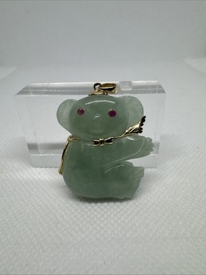 Vintage 14K Gelbgold & grüne Jade Koalabär Anhänger mit Rubin Augen