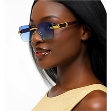 Gold Rimless Octagon Sunglasses Blue Gradient Lens Women Temples Retro Luxury