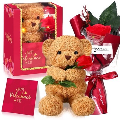 Valentine's Day Gift Set Plush Stuffed Animal Bear with Rose Card and Box Red