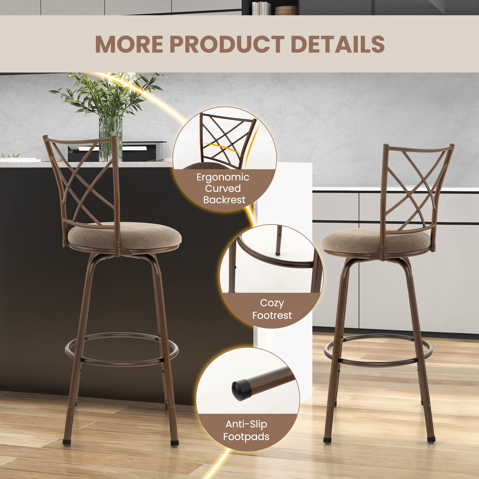 Set of 4 24/30 Inch Adjustable Swivel Barstools Metal Dining Chairs Brown