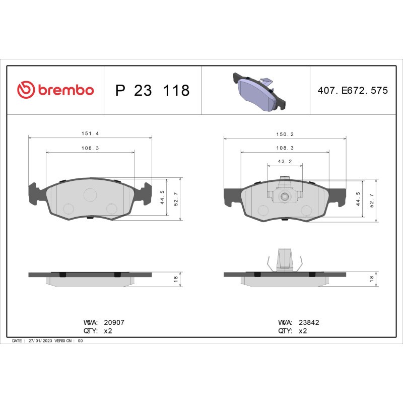 BREMBO P 23 118 Brake Pads Set Front for Fiat Doblo