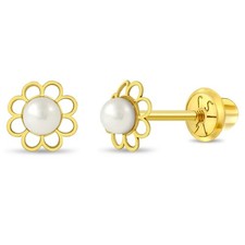 14k Yellow Gold Girl's Cultured Pearl Flower Screw Back Stud Earrings Toddlers