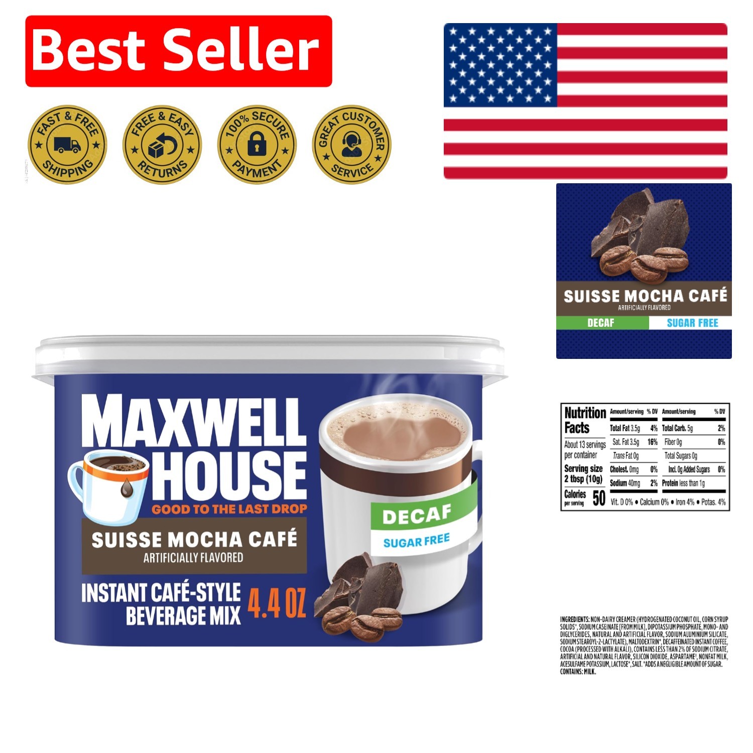 Easy to Prepare Sugar-Free Decaf Suisse Mocha Coffee Mix, Resealable Canister