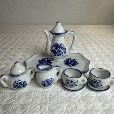 Vintage Andrea By Sadek Blue White Mini Tea Set Flower Tray Cup Saucer Dollhouse