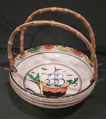 Antique Japanese Pottery Bowl Basket - with Bamboo Handles - Hand Painted & Text - Picture 2 of 7