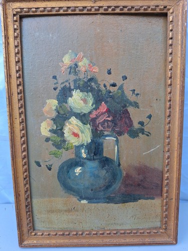 Peinture ancienne huile fleurs 1947 tableau encadré signé antique paintings oil - Photo 2 sur 8