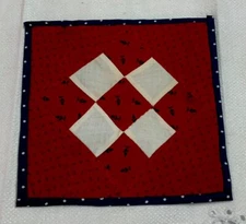 Vintage Antique Patchwork Quilt Table Topper, Nine Patch, Early Calicos, Red