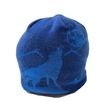 Patagonia Youth Beanie Blue OS Wolf and the Moon Pattern Wool Winter Hat