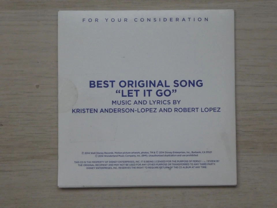 Frozen Let it Go CD Single FYC Best Original Song Kristen Anderson Lopez Robert - Image 4 of 4