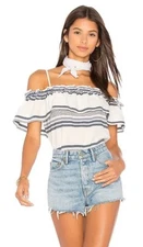 Splendid Traveler Stripe Cold Off Shoulder Top White Blue Womens Large Preppy